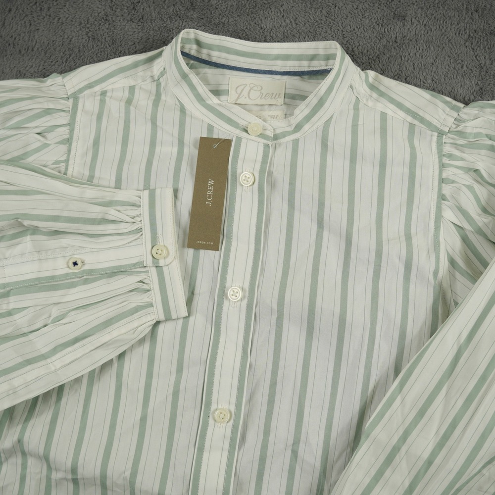 J.Crew Shirt Womens 0 Green Classic-Fit Collarless Puff-Sleeve Striped Office